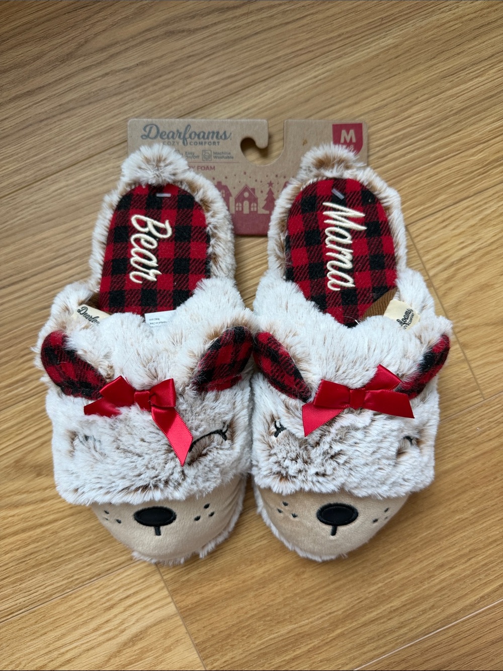 dearfoams Plush Bear Slide Slippers in Red Plaid and Cream